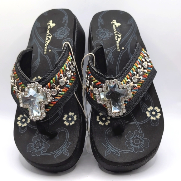 NWT Montana West Black Jeweled Cross Decor Bling Sandals - Size 7 - Picture 9 of 14